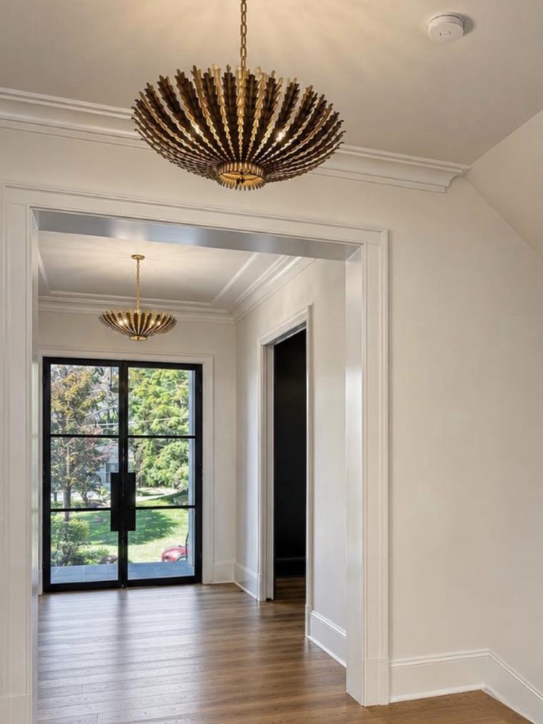 Entry hall with steel-framed glass front door and brass ceiling fixture